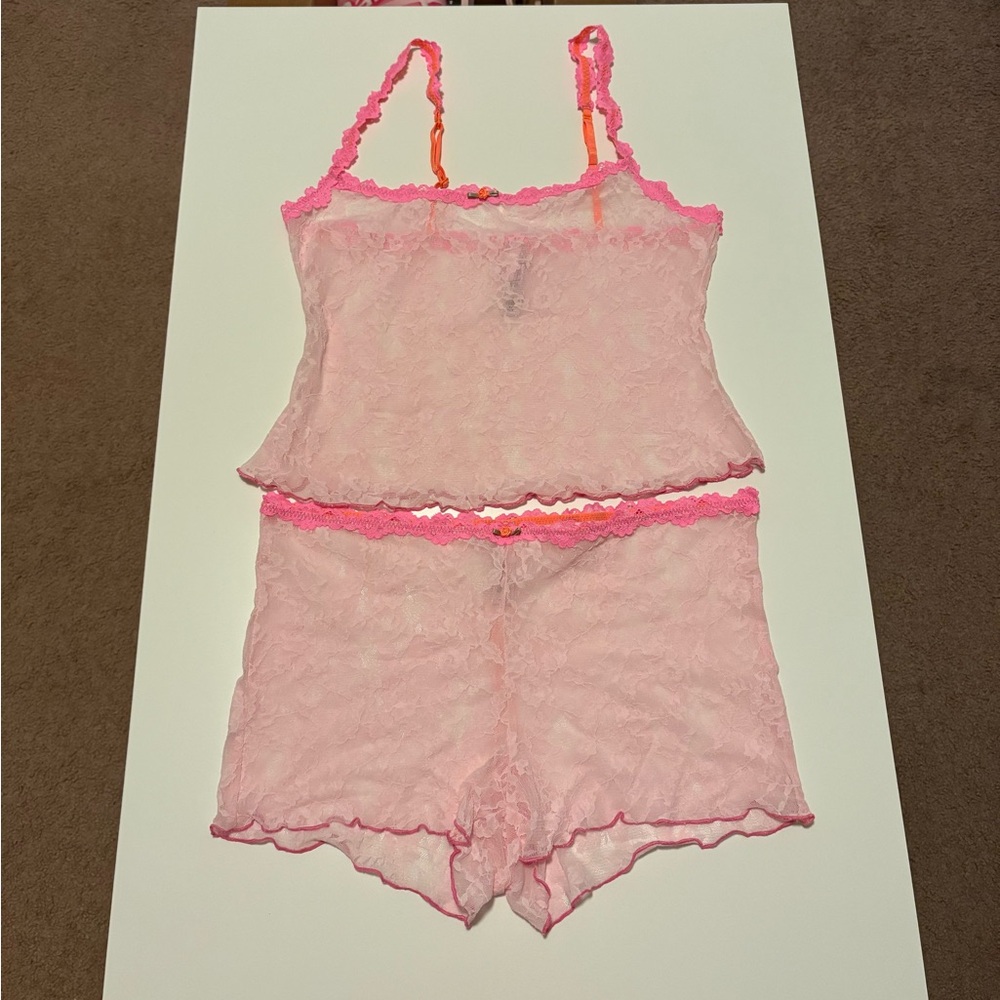 SKIMS Pink Lace Cami and Shorts Sleep Set